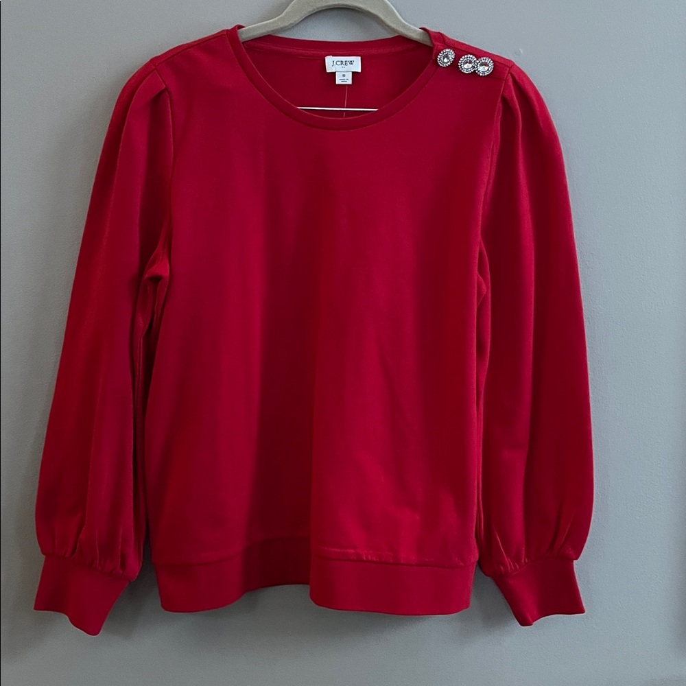 J Crew red puff sleeve dressy sweatshirt top beaded shoulder size small - Picture 1 of 15